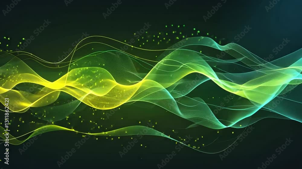 Poster abstract wavy lines in green and yellow with glowing particles create dynamic visual effect, evoking
