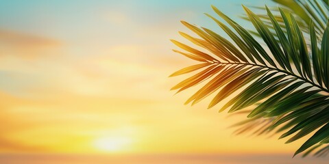 Beach at golden hour with palm trees. A serene sunset with a palm leaf in the foreground, showcasing warm colors and a tranquil atmosphere.