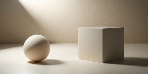 A Textured Sphere and a Cubic Form in Soft Light Against a Neutral Background