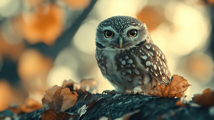 Cute owl perched on autumn branch