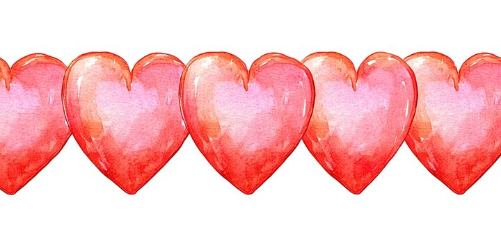 Seamless watercolor header with pink and red hearts on white background. Valentine's day 