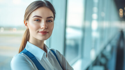 Fototapeta premium Confident young caucasian female in professional attire near airport window