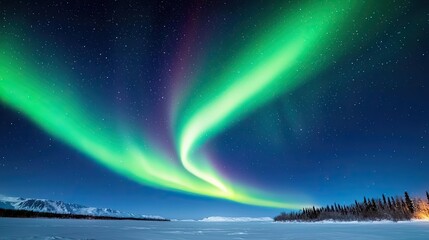 Aurora borealis northern lights idea. Stunning northern lights dance across a clear night sky above a tranquil winter landscape.