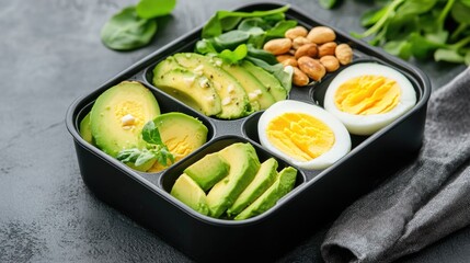 Healthy lunchbox with avocado, boiled eggs, almonds, and spinach salad