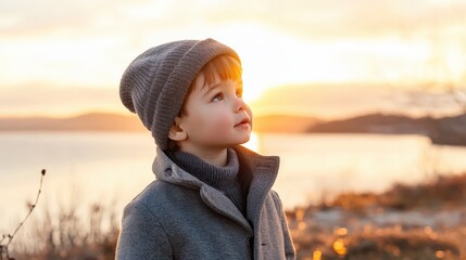 Young Boy Gazing at Sunset Wearing Winter Clothes