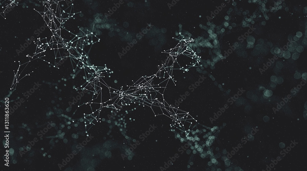 Poster a blue abstract background features a network grid and particles that are connected, as seen in stoc