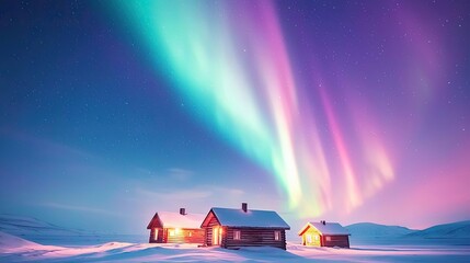 Aurora borealis northern lights concept. A serene winter landscape illuminated by vibrant northern lights over cozy cabins.