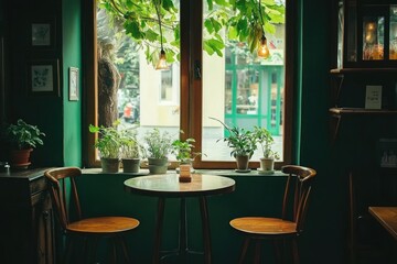 Fototapeta premium Cozy Green Cafe Window Seat with Plants and Vintage Lighting