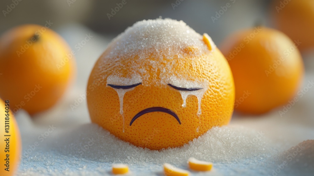 Poster a unique close-up of a frosted orange with a sad expression, presenting a playful and creative depic