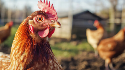 Close-up of brown chicken in sunlit farmyard with soft focus background