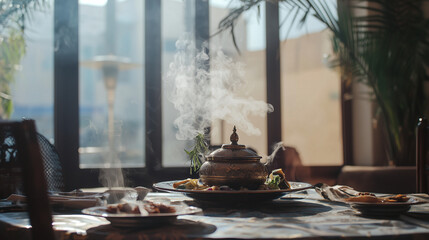 Steaming Aromatic Tagine Traditional Moroccan Cuisine Restaurant Setting