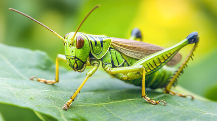 Vibrant green grasshopper on leaf in natural habitat