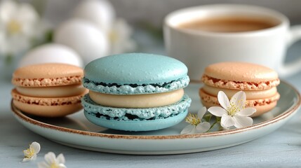 Obraz premium Pastel macarons on plate with coffee and floral decor in soft light. Easter, Pascha, Paskha, Ostern, Pascua, Paques - Orthodox and Catholic Holiday celebration