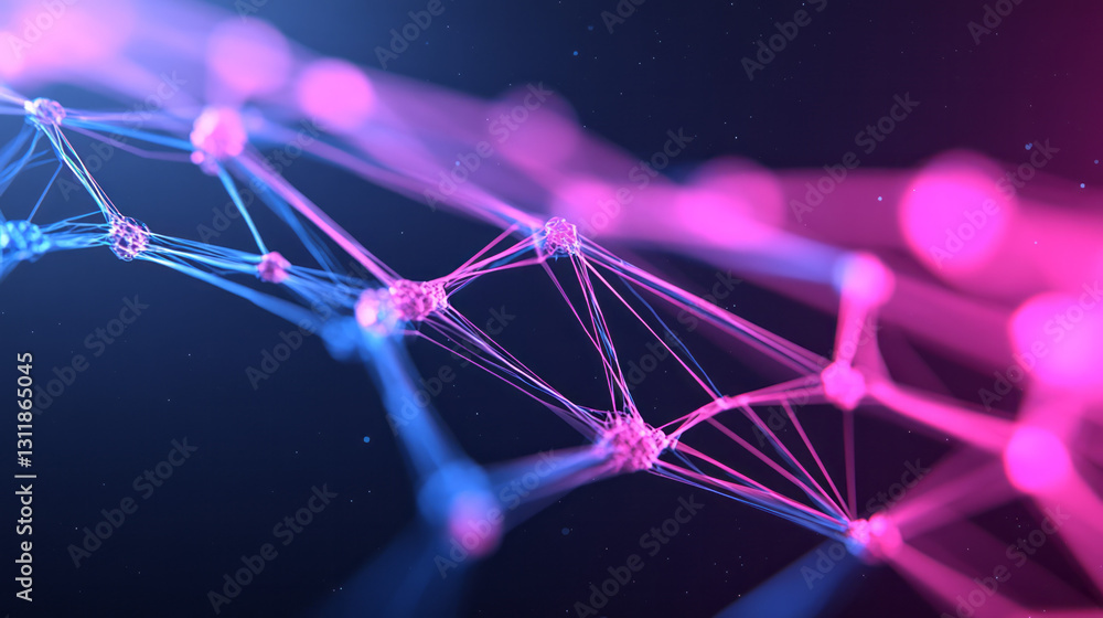 Poster poetic macro shot of a neon wireframe structure outlined in vivid pink and blue, with soft digital