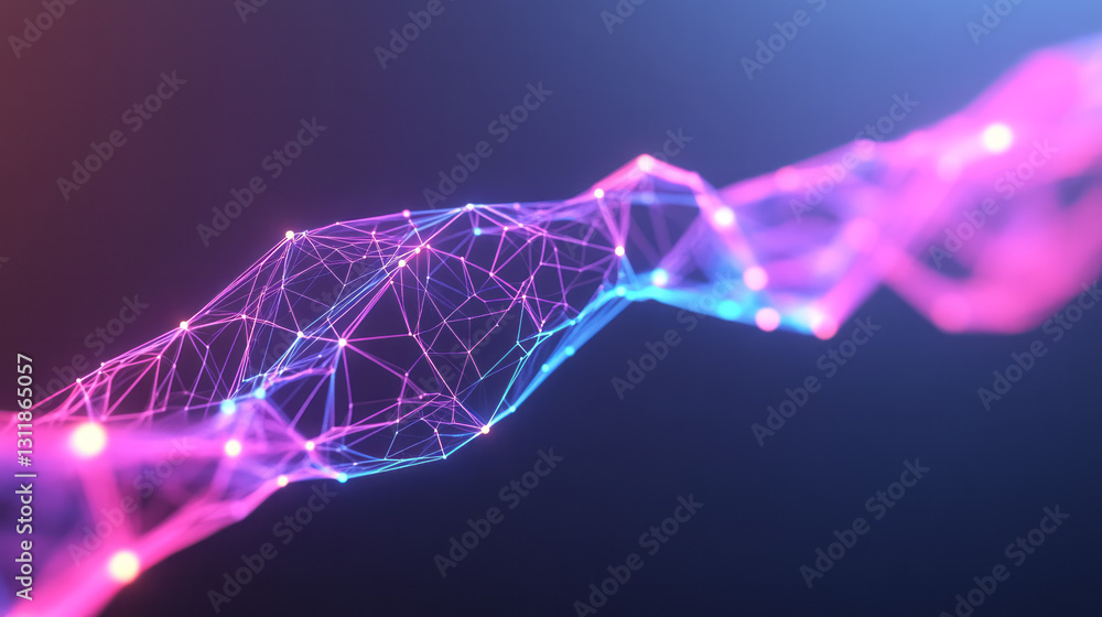 Poster Poetic macro shot of a neon wireframe structure outlined in vivid pink and blue, with soft digital