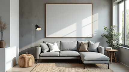 Fototapeta premium Wicker pouf near grey sofa against concrete wall with copy space. Scandinavian home interior design of modern living room. 