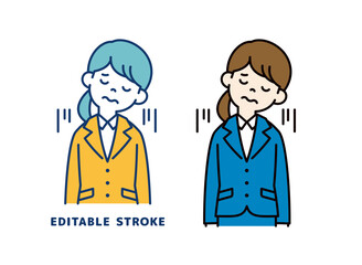 肩を落として落胆する、若い女性会社員のベクターイラスト素材＿線幅の編集可能