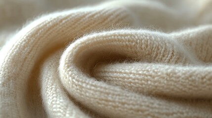 Close-up of creamy beige cashmere knit fabric texture.