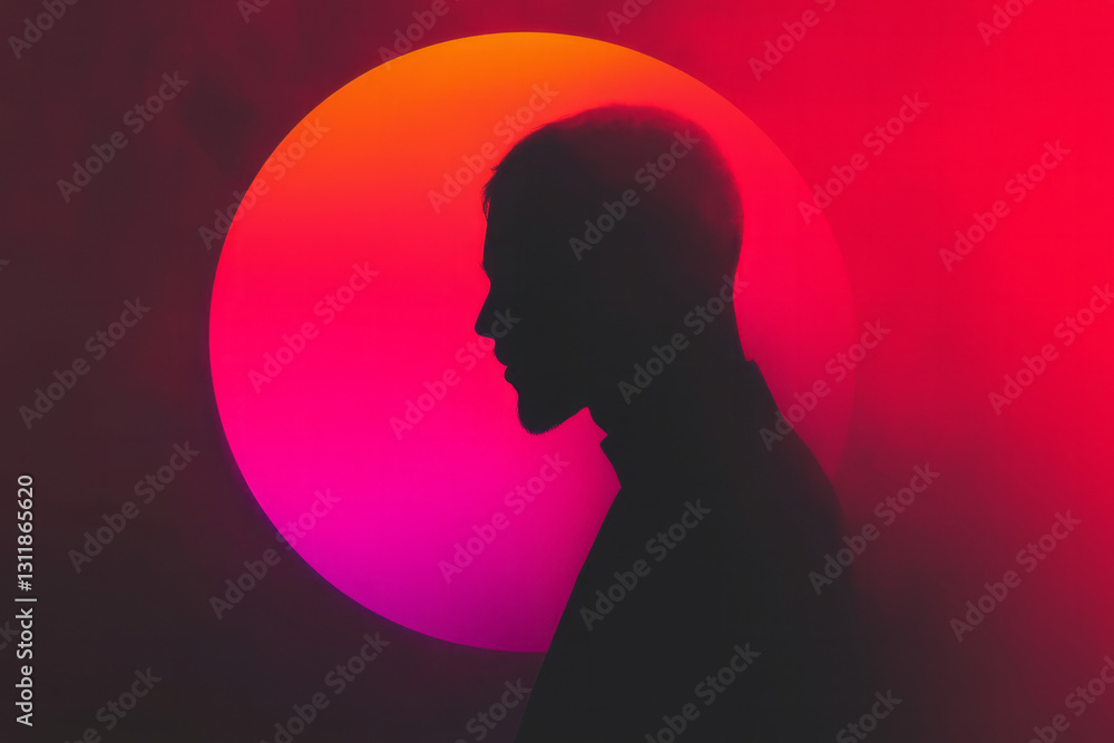 Poster minimalist design where crisp neon outlines form elegant geometric figures, softly illuminated in a