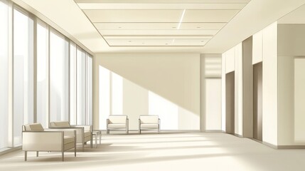Modern Beige Office Lobby with Natural Light.  Possible use Stock photo for architecture, interior design, or commercial spaces