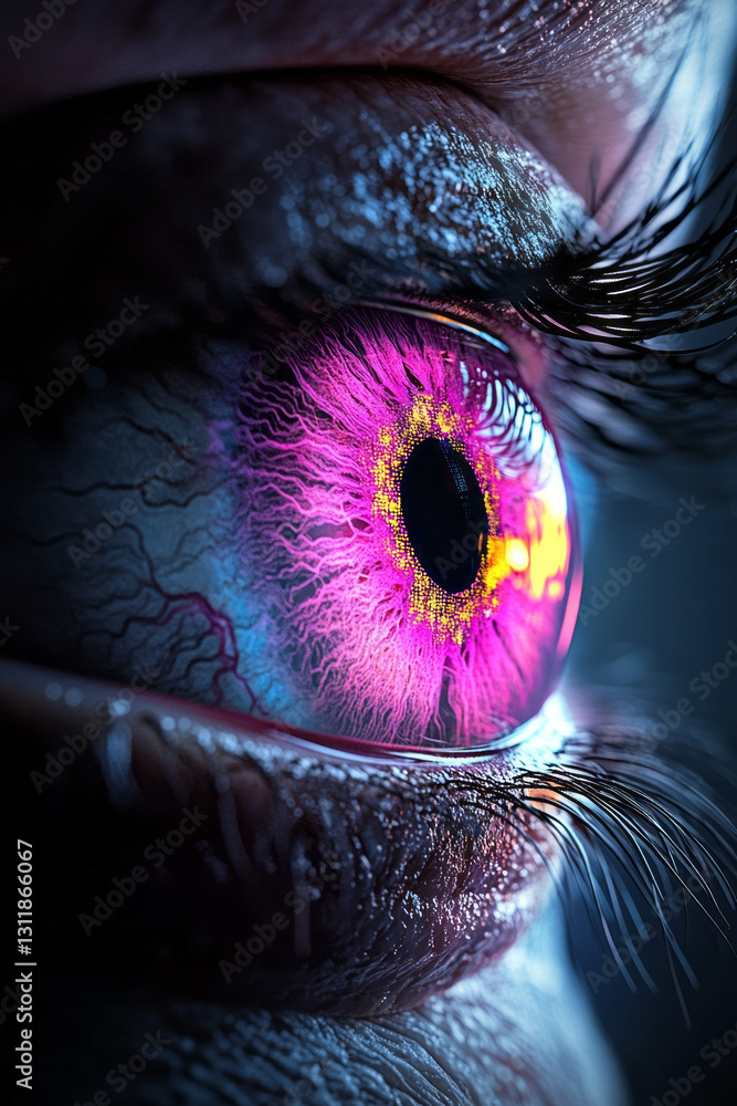 Aufkleber extreme macro close-up of a mysterious eye with intricate swirling patterns in the iris, soft neon