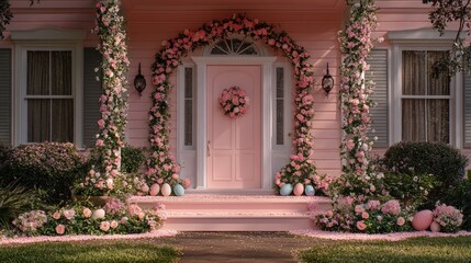 Charming pink house entrance with floral decor and pastel easter eggs. Easter, Pascha, Paskha, Ostern, Pascua, Paques - Orthodox and Catholic Holiday celebration