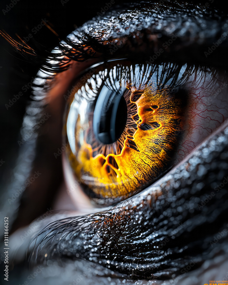 Poster bold editorial style showcasing a striking eye with intense detail, dynamic color transitions