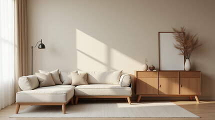 
Scandinavian interior design of modern living room, home. Cozy sofa and wooden cabinet against beige stucco wall. 