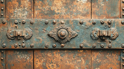 Rusty ornate metal door with decorative rivets and patina details