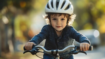 Naklejka premium Child in white bike helmet riding bicycle