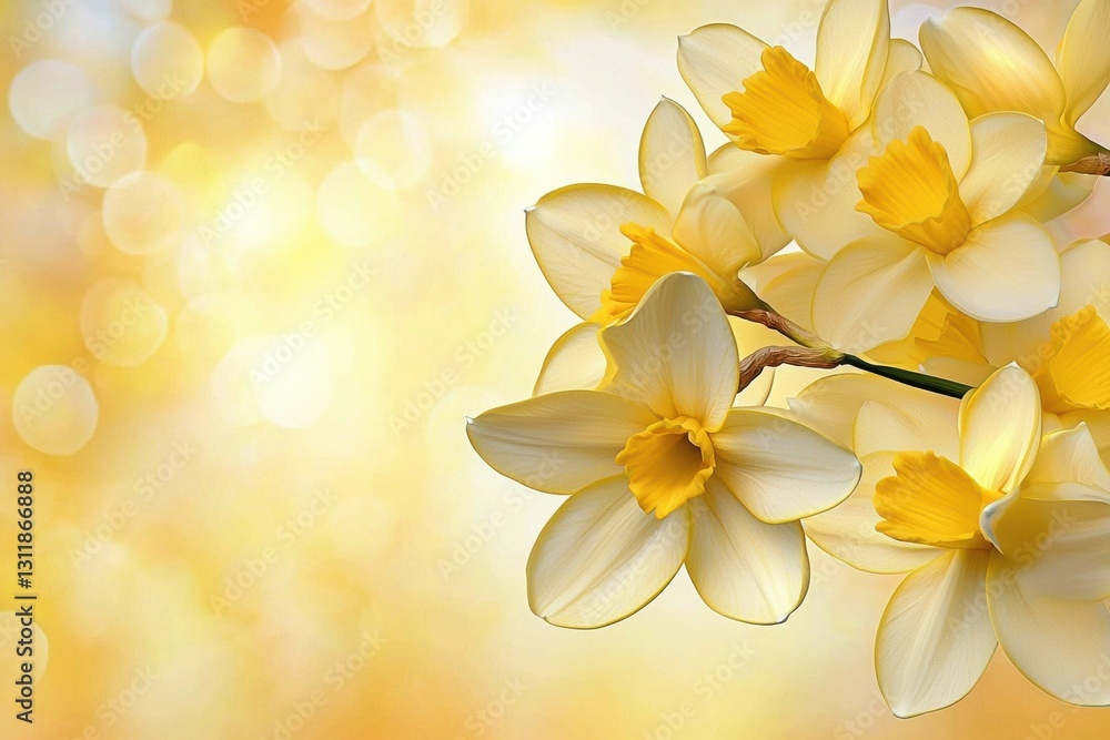 Poster bright yellow daffodils bloom in soft light, creating a cheerful atmosphere.