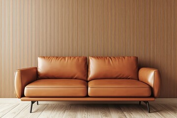 Fototapeta premium Earthy depth with sienna stripes, camel-colored sofa.