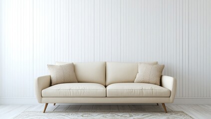 Airy aesthetic, white-striped wall with minimalist buttercream sofa.
