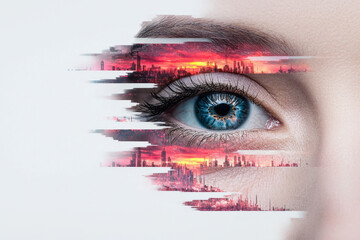 Glitch-inspired collage of an eyeâ€™s iris with intermittent neon flickers and digital artifacts,