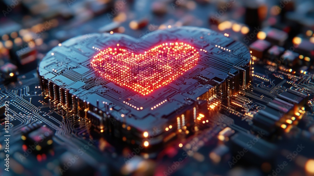 Poster glowing heart shape on circuit board symbolizing technology and emotion