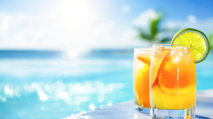Refreshing tropical orange and lemon cocktails by the ocean on a sunny day