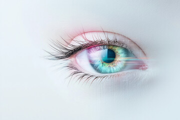 Modern minimalist composition where a single eye with a translucent, gradient iris captures hints