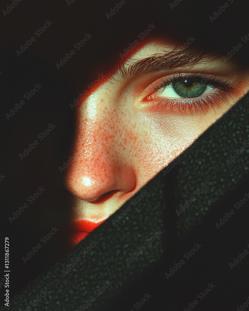 Poster a high-contrast conceptual artwork where bold light meets soft shadows, unveiling an ethereal gaze