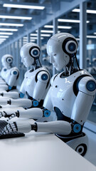 A modern, humanoid robot with a sleek white body is sitting at a desk, seemingly working or typing.