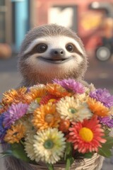 Fototapeta premium Cute sloth holding flowers, smiling joyfully in a vibrant setting.