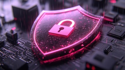 Digital security shield with glowing pink lock on circuit board