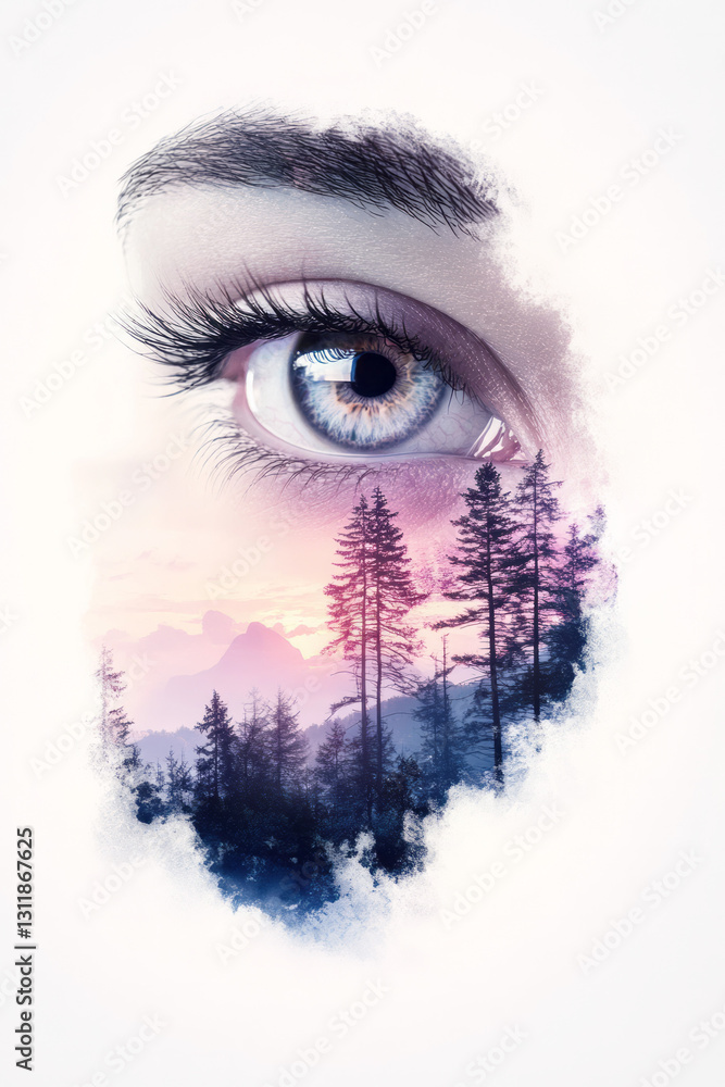 Aufkleber minimal digital illustration of a serene eye with a translucent iris, layered with subtle celestial