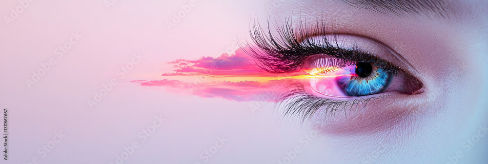 Poster minimalist composition capturing a solitary eye with a mesmerizing, iridescent iris reflecting a