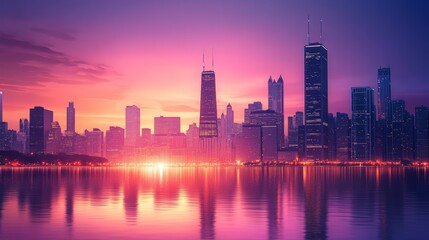 Fototapeta premium Colorful City Skyline at Sunset Reflected in Still Water. Modern