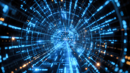 Futuristic digital tunnel with streaming blue light particles