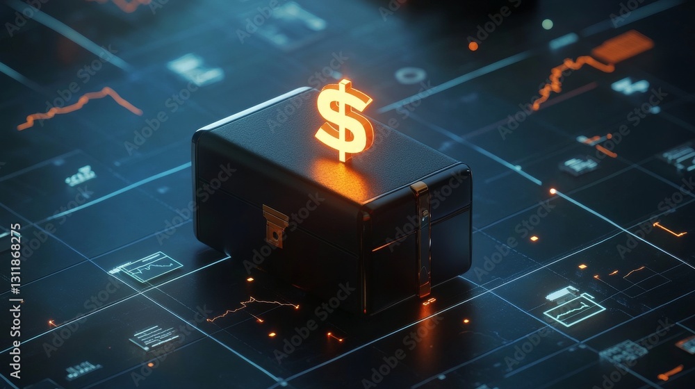 Poster a black briefcase topped with a bright neon dollar sign, resting in a dynamic, glowing digital lands