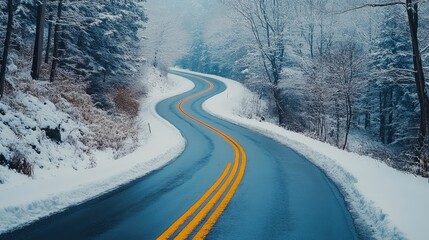 Obraz premium Snow-covered road leading through a forested mountain area.