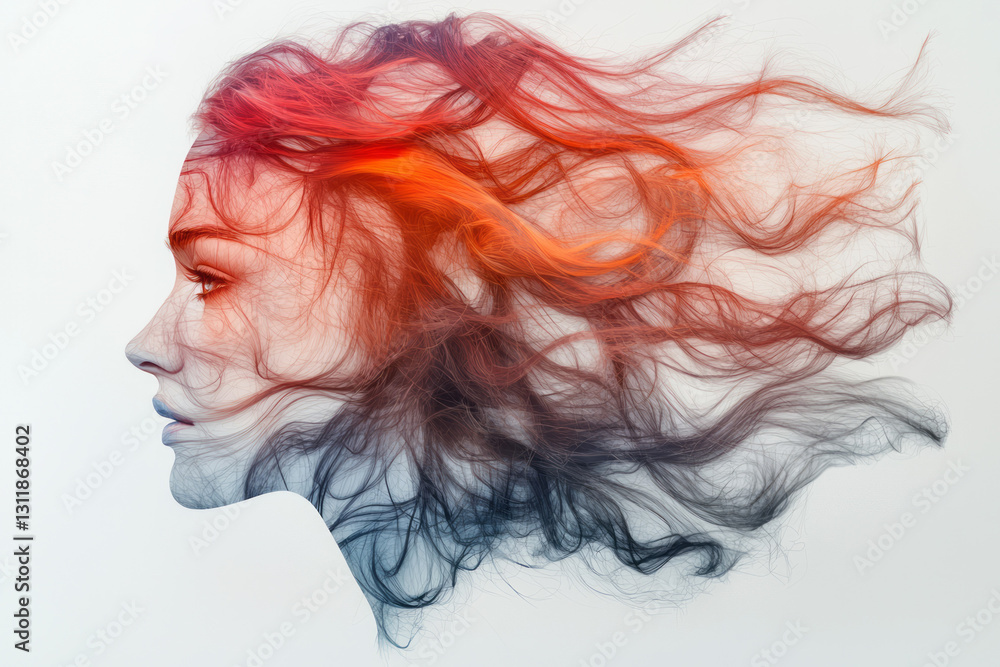 Poster artistic double-exposure portrait merging a delicate profile with swirling streams of hair and