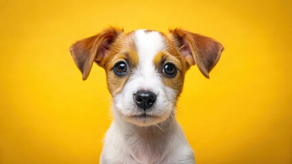 A Charming Puppy Poses Against a Vibrant Yellow Background, Displaying Adorable Features and Captivating Gaze