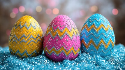 Colorful sparkling easter eggs with zigzag patterns on glittery blue background. Easter, Pascha, Paskha, Ostern, Pascua, Paques - Orthodox and Catholic Holiday celebration